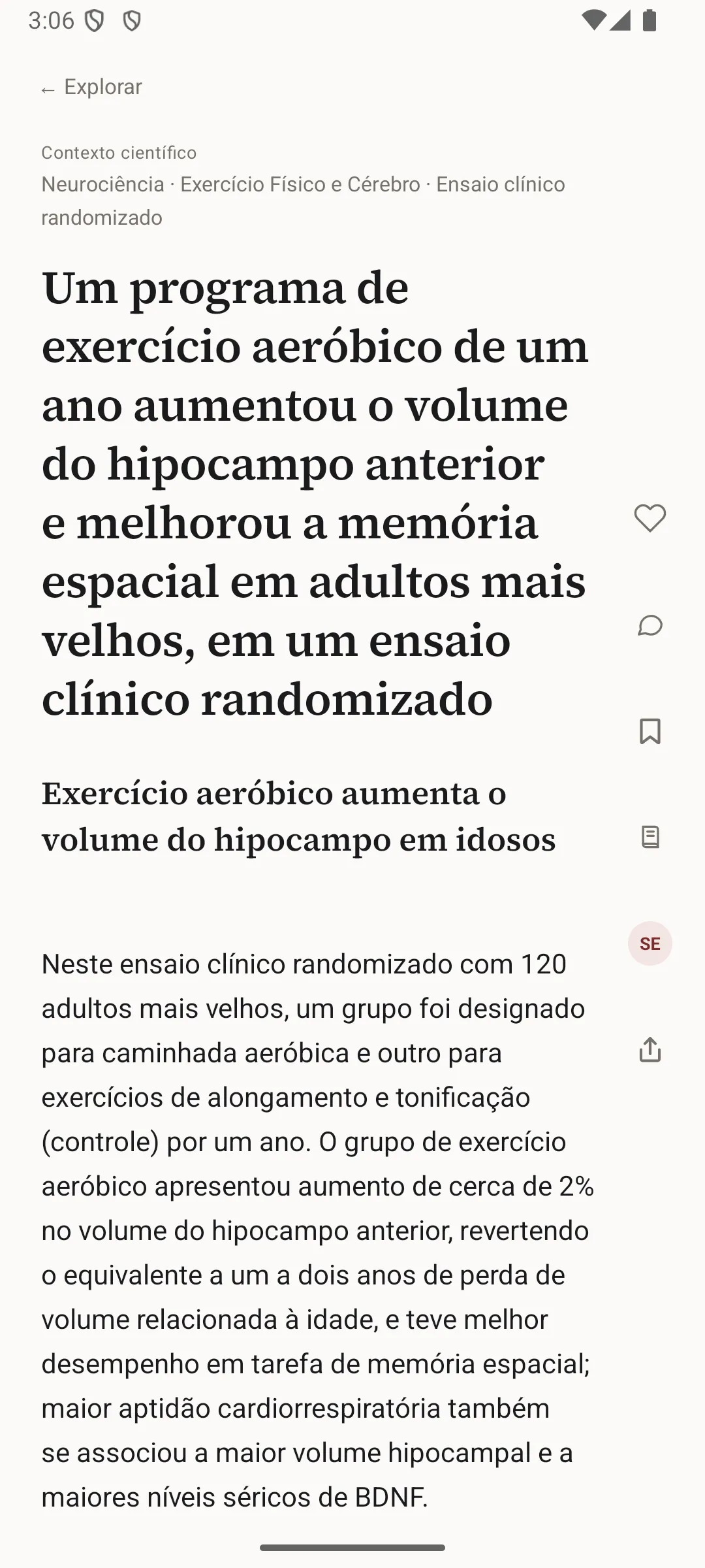 Evidence aberta no app: contexto científico, a afirmação, a resposta e o trilho de ações à direita.